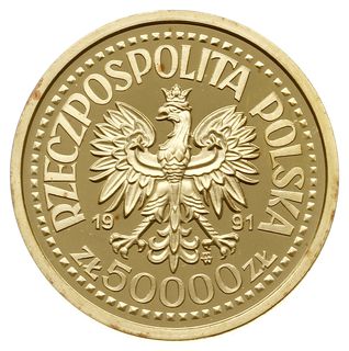 zestaw monet z Janem Pawłem II - 200.000, 100.000 i 50.000 złotych 1991, popiersie Jana Pawła II na tle ołtarza, wypukłe napisy PRÓBA