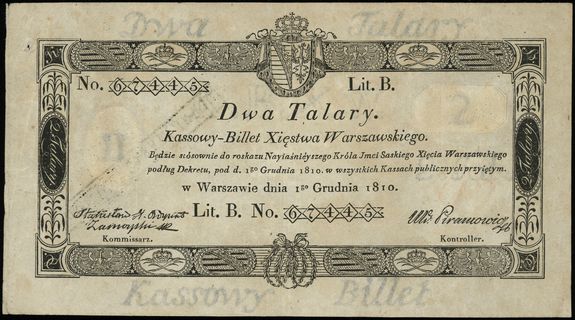 2 talary 1.12.1810, podpis komisarza Stanisław H. Ordynat Zamoyski, litera B, numeracja 67445, stempel komisji likwidacyjnej na stronie odwrotnej