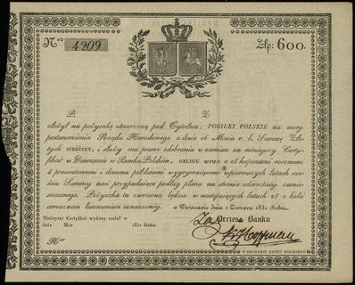 pożyczka (obligacja) na 600 złotych 1.06.1831; n