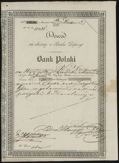dowód złożenia depozytu w Banku Polskim na sumę 31 rubli srebrem, z dnia 22.04.1852, numeracja 49750, zaświadczenie zostało wydane P. L. Dzikowskiemu za wpłatę od Hyacynta Wąsowicza z Radomia