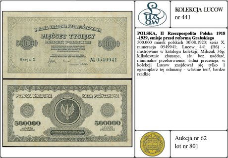 500.000 marek polskich 30.08.1923; seria X, nume
