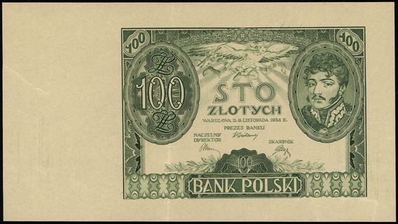 100 złotych 9.11.1934; jednostronna próba kolory