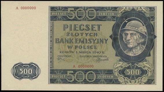 500 złotych 1.03.1940, seria A, numeracja 000000