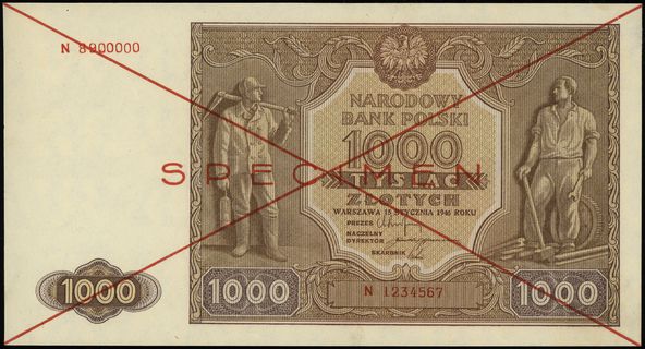 1.000 złotych 15.01.1946, seria N, numeracja 1234567 / 8900000, czerwone dwukrotne przekreślenie i poziomo SPECIMEN