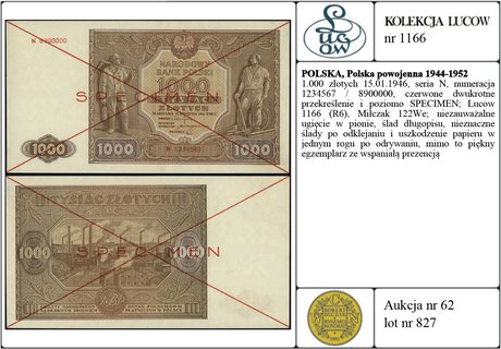 1.000 złotych 15.01.1946, seria N, numeracja 1234567 / 8900000, czerwone dwukrotne przekreślenie i poziomo SPECIMEN