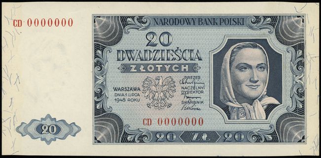 20 złotych 1.07.1948, seria CD, numeracja 0000000, papier biały ze znakiem wodnym, bez nadruków WZÓR, liczne niebieskie włókna na obu bocznych marginesach