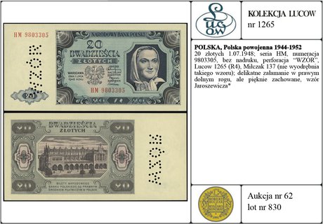 20 złotych 1.07.1948; seria HM, numeracja 980330