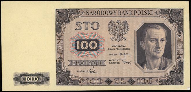 100 złotych 1.07.1948; dwa jednostronne druki st