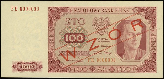100 złotych 1.07.1948; seria FE, numeracja 00000