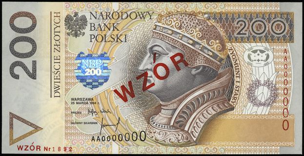 200 złotych 25.03.1994, WZÓR, seria AA, numeracj
