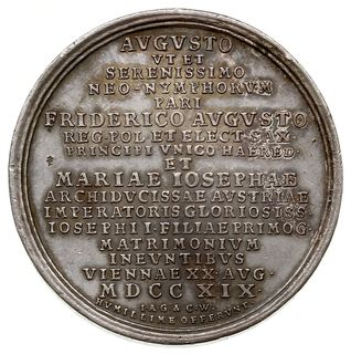 medal wybity z okazji zaślubin królewicza Fryderyka Augusta z arcyksiężniczką austriacką Marią Józefą dnia  20.08.1719 w Wiedniu
