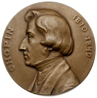 jednostronny medalion autorstwa Stanisława Romana Lewandowskiego z 1910 r., wybity z okazji 100. rocznicy  urodzin Fryderyka Chopina