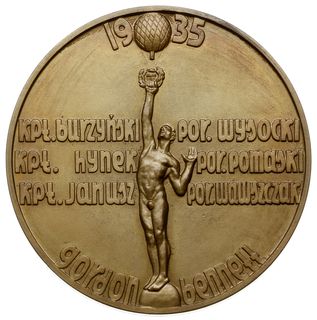 medal autorstwa Olgi Niewskiej z 1935 r. wybity z okazji zawodów Gordon-Bennetta w Warszawie na zlecenie  Ligi Obrony Przeciwpowietrznej