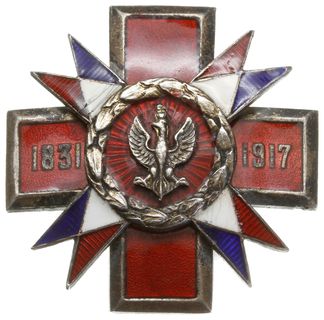 odznaka 5 Pułku Ułanów Zasławskich - Ostrołęka, równoramienny krzyż pokryty karmazynową emalią. Na środku orzeł okolony srebrnym wieńcem laurowym. Od wieńca odchodzą cztery proporczyki pokryte białą, czerwoną i chabrową emalią. Na ramionach daty 1931 1917. Odznaka dwuczęściowa, łączona czterema drutami, tombak srebrzony 39 x 39 mm, nakrętka wykonana z kontrą i sygnowana J.Kweksilber, Sawicki/Wielechowski ss 170-172, niewielkie uszkodzenie emalii, rzadka