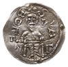 denar z lat 1146-1157; Aw: Książę z mieczem trzymanym poziomo siedzący na tronie na wprost, wstecz..