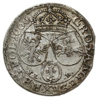 szóstak 1660, Kraków: na awersie IOAN CASI... i herb Ślepowron bez obwódki, na rewersie inicjały T.L-.B., obwódki po obu stronach monety