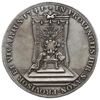 talar wikariacki 1741, Drezno, Aw: Król na koniu i napis wokoło, Rw: Tron, na nim korona i berło, w tle Orzeł z insygniami królewskimi i napis wokoło