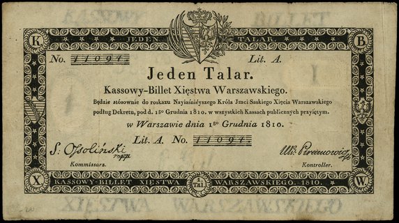 1 talar 1.12.1812, podpis komisarza S. Ossoliński, litera A, numeracja 11094, bez stempla komisji likwidacyjnej