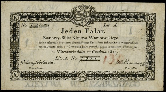 1 talar 1.12.1812, podpis komisarza Walenty Sobolewski, litera A, numeracja 1934, ze stemplem komisji likwidacyjnej na stronie odwrotnej