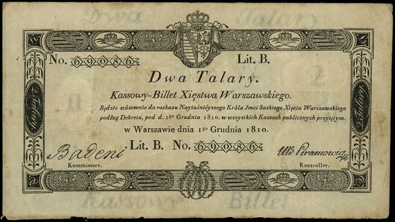 2 talary 1.12.1810, podpis komisarza Badeni, litera B, numeracja 69086, bez stempla komisji likwidacyjnej