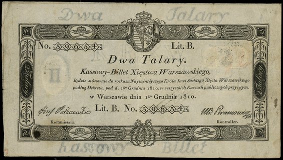 2 talary 1.12.1810, podpis komisarza Józef Jaraczewski, litera B, numeracja 59654, ze stemplem komisji likwidacyjnej na stronie odwrotnej