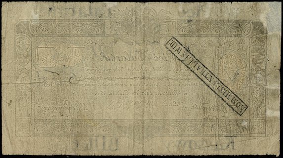 5 talarów 1.12.1810, podpis komisarza T. Ostrowski, litera C, numeracja 442, ze stemplem komisji likwidacyjnej na stronie odwrotnej