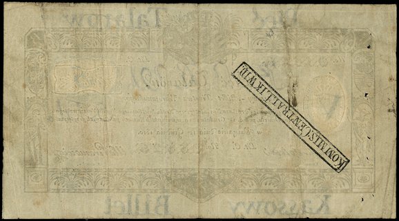 5 talarów 1.12.1810, podpis komisarza Aleksander Potocki, litera C, numeracja 35526, ze stemplem komisji likwidacyjnej na stronie odwrotnej