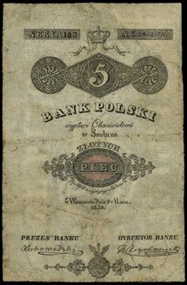 5 złotych 1.05.1830, podpisy prezesa i dyrektora banku: Ludowidzki i Niepokoyczycki, seria 183, numeracja nie zachowała się