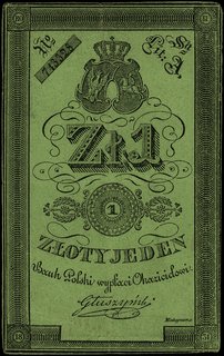 1 złoty 1831, podpis Głuszyński, litera A, numeracja 743328, gruby zielony papier z suchą pieczęcią