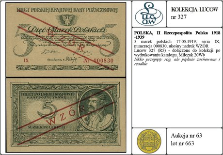 5 marek polskich 17.05.1919, seria IX, numeracja 000830, ukośny nadruk WZÓR