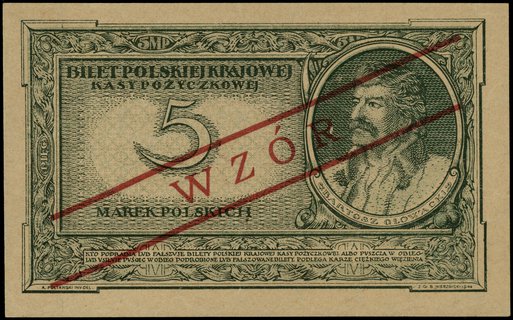 5 marek polskich 17.05.1919, seria IX, numeracja 000830, ukośny nadruk WZÓR