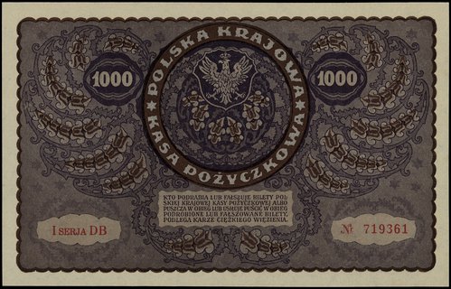 1.000 marek polskich 23.08.1919, seria I-DB, numeracja 719361