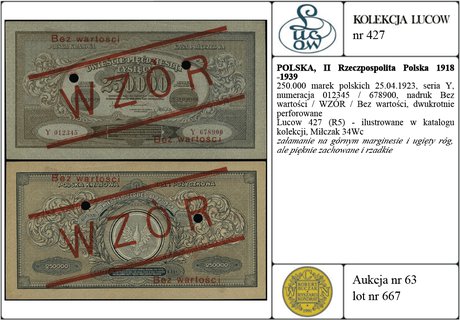 250.000 marek polskich 25.04.1923, seria Y, numeracja 012345 / 678900, nadruk Bez wartości / WZÓR / Bez wartości, dwukrotnie perforowane
