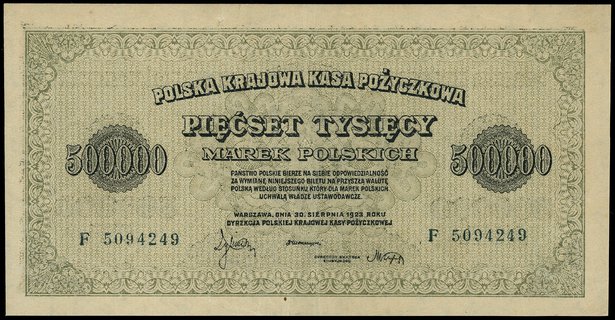 500.000 marek polskich 30.08.1923, seria F, numeracja 5094249