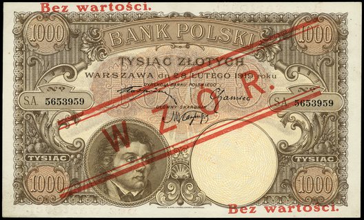 1.000 złotych 28.02.1919, seria A, numeracja 5653959, obustronnie czerwony nadruk Bez wartości / WZÓR / Bez wartości