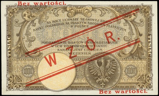 1.000 złotych 28.02.1919, seria A, numeracja 5653959, obustronnie czerwony nadruk Bez wartości / WZÓR / Bez wartości