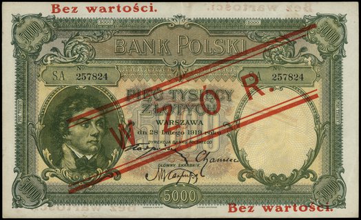 5.000 złotych 28.02.1919, seria A, numeracja 257824, czerwony nadruk Bez wartości / WZÓR / Bez wartości