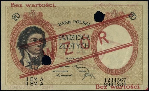 20 złotych 15.07.1924, II emisja, seria A 123456