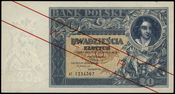 20 złotych 20.06.1931, seria AT numeracja 1234567, czerwony ukośny nadruk WZÓR / BEZ WARTOŚCI