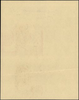 próba kolorystyczna stron głównych banknotów 100 złotych 9.11.1934 (fragment arkusza obejmujący dwa egzemplarze nierozcięte w pionie), druk w kolorze fioletowym, bez poddruku, bez oznaczenia serii i numeracji, niepełny rysunek wydrukowany - część przy krawędzi papieru odciśnięta z małą ilością farby na papierze, u góry ołówkiem kopiowym Szwajcarska (pigment) / Irgalithechtbrillantblau BL / gem II / Schr., papier kremowy bez znaku wodnego, 277 x 216 mm