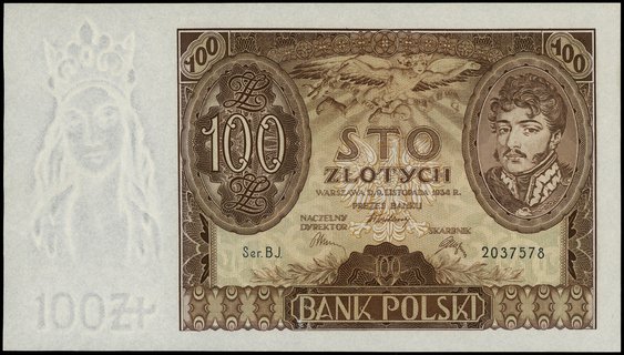100 złotych 9.11.1934, seria BJ, numeracja 2037578, Lucow 675 (R0), Miłczak 74a