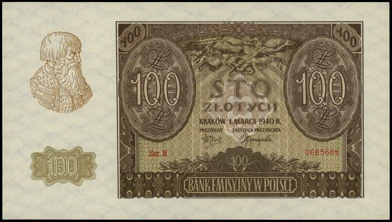 100 złotych 1.03.1940, seria B, numeracja 0685686, fałszerstwo wykonane przez Związek Walki Zbrojnej
