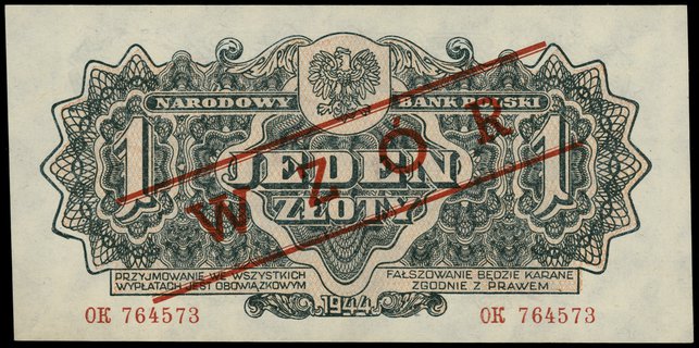 1 złoty 1944, w klauzuli OBOWIĄZKOWYM, seria OK, numeracja 764573, czerwony ukośny nadruk WZÓR