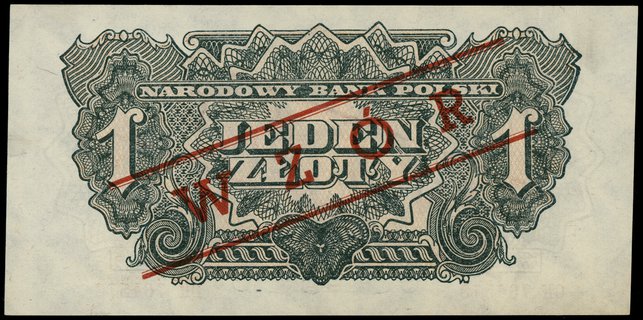 1 złoty 1944, w klauzuli OBOWIĄZKOWYM, seria OK, numeracja 764573, czerwony ukośny nadruk WZÓR