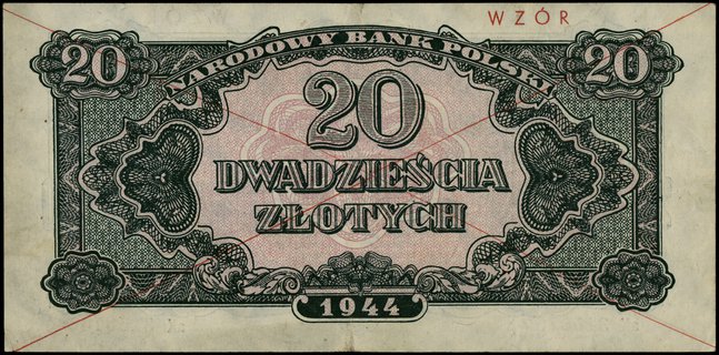 20 złotych 1944, w klauzuli OBOWIĄZKOWE, seria aX, numeracja 315876, czerwone dwukrotne przekreślenie i poziomo WZÓR