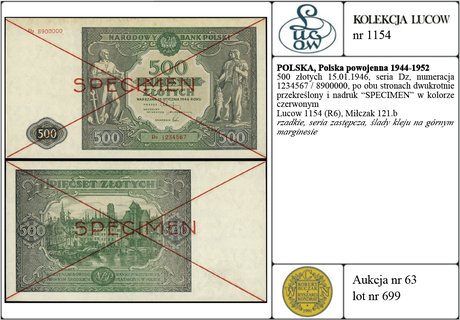 500 złotych 15.01.1946, seria Dz, numeracja 890000, czerwone dwukrotne przekreślenie i poziomo SPECIMEN