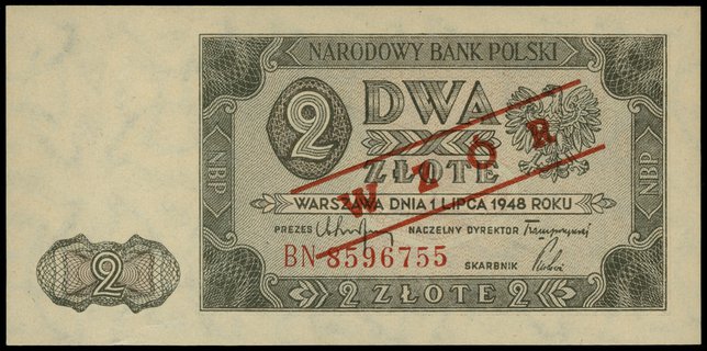 2 złote 1.07.1948, seria BN, numeracja 8596755, znak wodny z plecionką jasną w ciemnym okręgu, czerwony ukośny nadruk WZÓR