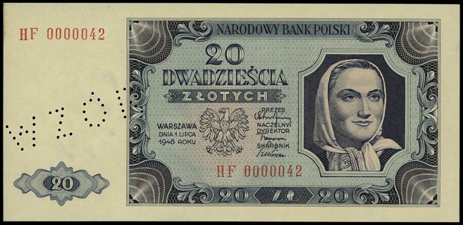 20 złotych 1.07.1948, seria HF, numeracja 0000042
