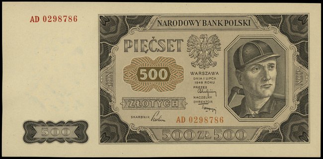500 złotych 1.07.1948, seria AD, numeracja 0298786