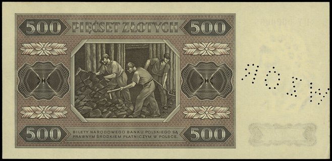 500 złotych 1.07.1948, seria CY, numeracja 0000008, perforowany napis WZÓR